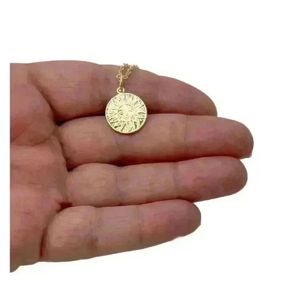 Aztec gold sun coin necklace gold plated 18K pendant 14K necklace chain dainty - Picture 4 of 10